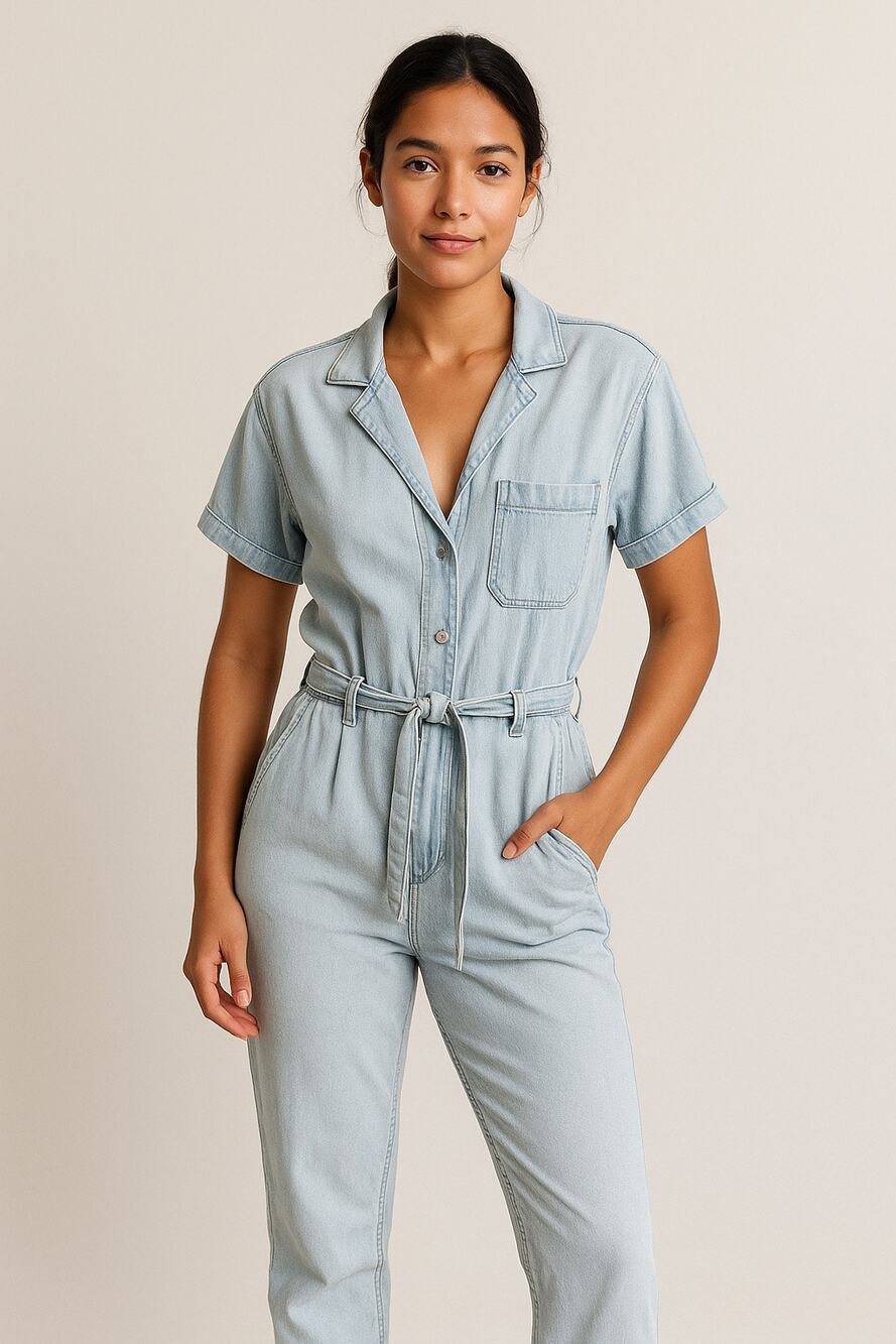 Zara Womens Medium Light Wash Denim Utility Short Sleeve Jumpsuit
